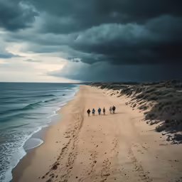 a group of people walk along the edge of a beach