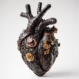 a black and white picture of a heart and some gold gears