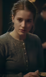a young woman wearing a sweater and holding a plate of food