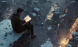 a person reading a book with a fire coming out of the background