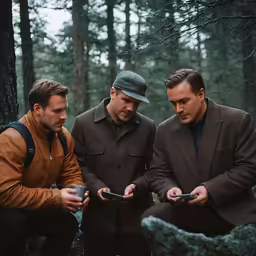 three guys in the woods examining the cell phones