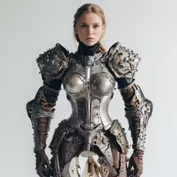 a model poses in futuristic armor as she wears a skull