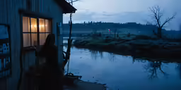 a girl standing outside of a window by a body of water