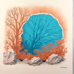 a picture of trees and rocks and some water