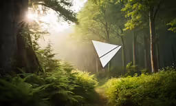 a paper airplane flying through a forest filled with trees