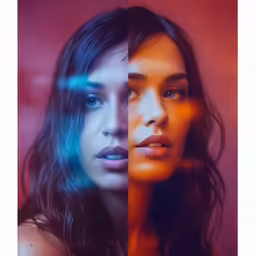 two images side by side one with red and blue and the other has light coming from its eyes