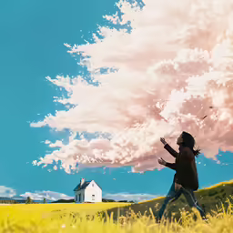 a woman standing on top of a lush green field under a cloudy blue sky