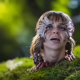 a girl laying down with feathers on her head