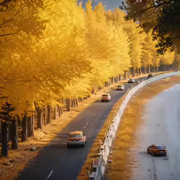 cars drive down the tree lined street