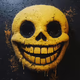 a yellow smiling skull with black eyes