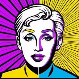 pop art portrait of a woman with blue eyes, yellow background and pink background