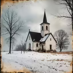 a small church with snow on the ground