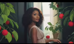 a woman standing next to a window in a room