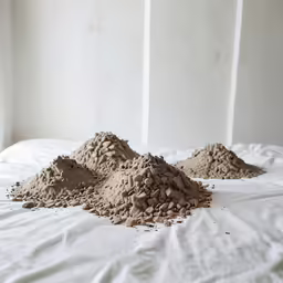 several piles of dirt on a bed with sheets