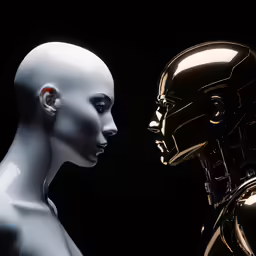 a person is holding the head of an adult humanoid in front of another robot