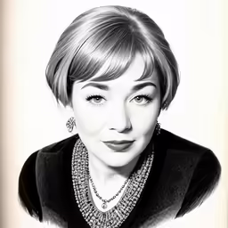 a pencil drawing of a woman with dark hair and necklaces