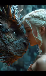 woman in white dress kissing the face of a monster
