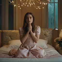 the woman sitting on her bed is praying