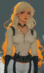 a girl with long blonde hair and a shirt