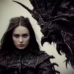 a woman in black clothes holding a black dragon head