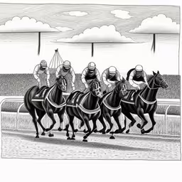 three men ride horses in a row down a race track,the finish line drawing by tim stanley