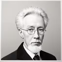 an older man in black and white with glasses