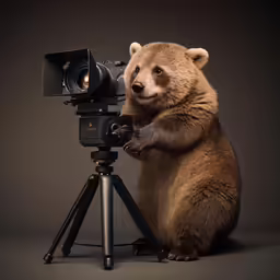 a bear is taking a photo with a small camera
