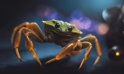 a close up of a frog looking out from under its back legs