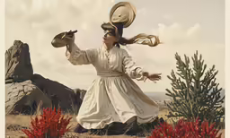 a woman dressed in ancient dress holding a pot while sitting on a hillside