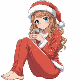 anime girl in red pajamas sitting and holding a cup