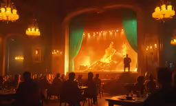 a person is standing on a stage that appears to be filled with people