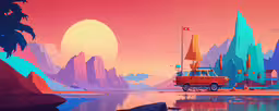 an abstract painting of a car parked on a tropical beach,a stylized painting depicting a boat in a lake surrounded by mountains