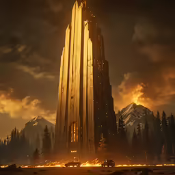 a giant skyscraper that is surrounded by flames and trees