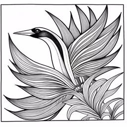 a black and white illustration of a bird of paradise,a black and white image of a bird and leaves