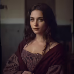 a woman wearing a burgundy robe standing by the wall