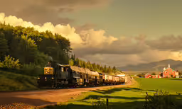 a train going down the track by some trees,there is a train that is riding down the tracks