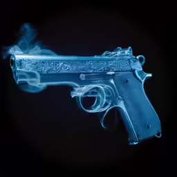 the blue gun appears to be smoking on fire