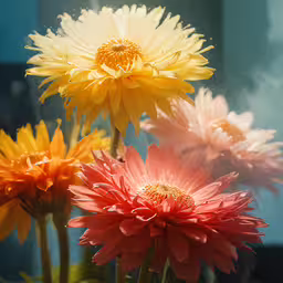 the yellow and orange flowers are blooming outside in the sun,the flowers in front of the wall are brightly colored