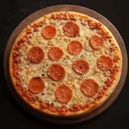 a round pepperoni pizza sits on a plate