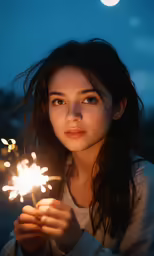 young woman holding sparklers at night with the moon in background