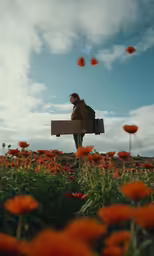 man sitting on a wooden bench in a field full of orange flowers