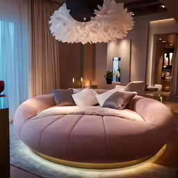 an extravagant and round couch with a white floral design