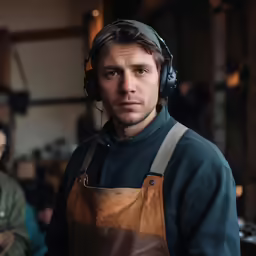 a man with headphones on wearing a leather apron