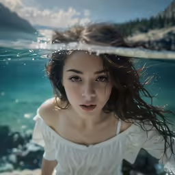 a woman with very long hair in a white top underwater