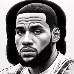 a black and white drawing of a man wearing a hat