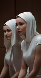 two women with headscarves are in white dresses