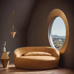 a circle window that looks out onto the countryside