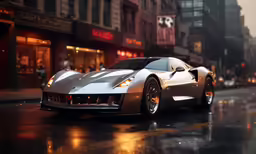 a silver and silver sports car is in the rain