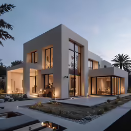 an exterior view of a house and its lights at night