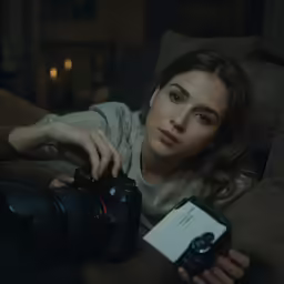 woman taking photo with large digital camera